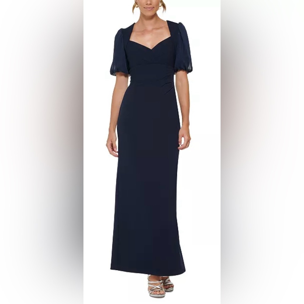 NWT DKNY V-Neck Puff Short Sleeve Mixed Media Long Dress Navy Size 12